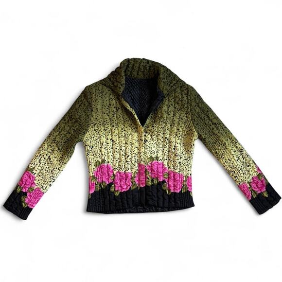 Quilted Green Pink Floral Jacket Wearable Art Bright Print Puff Texture Zip Up - Picture 2 of 8